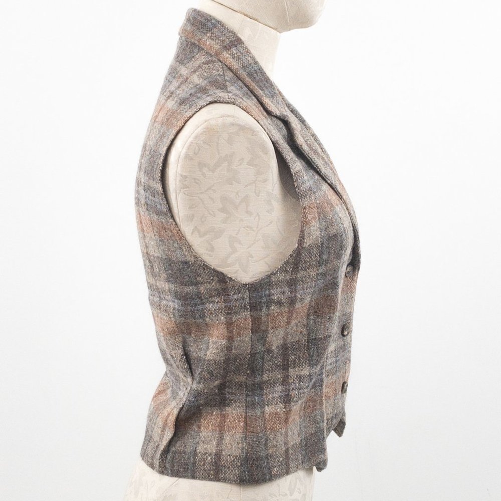Vintage 70s S Tailored Wool Plaid Suit Vest Top - Picture 5 of 11